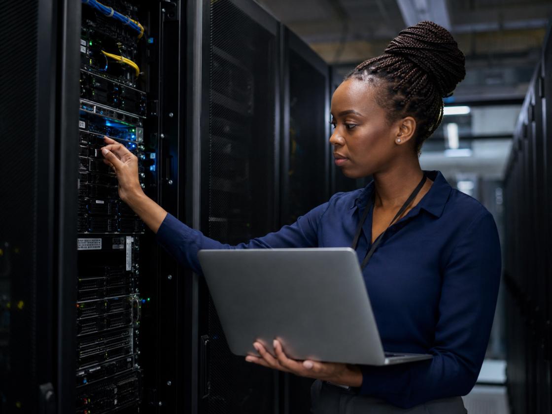 Cloud infrastructure engineer checking server equipment