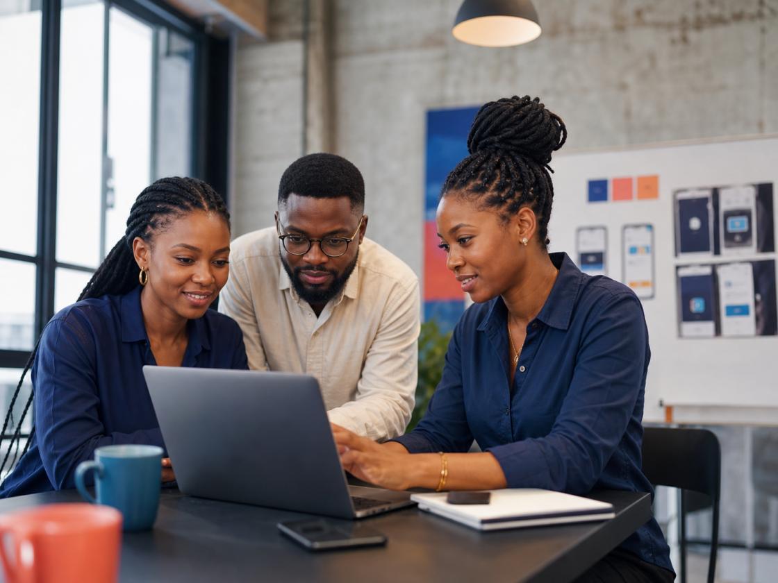 Technology professionals collaborating around a laptop